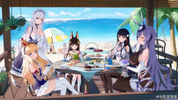 6+girls absurdres ahoge animal_ear_fluff animal_ears azur_lane bare_shoulders belfast_(azur_lane) black_hairband black_thighhighs blonde_hair blue_dress blue_eyes blue_gloves blue_hair bow breasts broken broken_chain brown_hair cake cake_slice chain character_request china_dress chinese_clothes cleavage cleavage_cutout closed_eyes closed_mouth clothing_cutout collar collarbone croissant crown cup cupcake detached_collar detached_sleeves donut dress drinking drinking_straw drinking_straw_in_mouth eating fingerless_gloves flower food fox_ears frilled_gloves frills fruit gloves grey_sleeves hair_bow hair_flower hair_ornament hair_ribbon hairband headgear highres holding holding_cup holding_plate kneehighs large_breasts long_hair long_sleeves looking_at_viewer maid maid_headdress mo_xiaoxue multiple_girls nagato_(azur_lane) new_jersey_(azur_lane) on_chair plate purple_hair queen_elizabeth_(azur_lane) red_eyes red_ribbon ribbon saucer sitting socks strapless strapless_dress strawberry table teacup thighhighs tiered_tray tilted_headwear very_long_hair watermark weibo_watermark white_bow white_collar white_dress white_gloves white_hair white_sleeves white_socks white_thighhighs wide_sleeves yat_sen_(azur_lane) yellow_eyes
