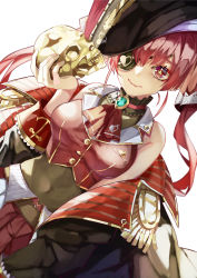 1girl absurdres arrow_through_heart ascot bad_id bad_pixiv_id belt bicorne black_coat black_hat bodystocking breasts brooch brown_belt cleavage closed_mouth coat collar commentary covered_navel cowboy_shot dutch_angle epaulettes eyepatch frilled_collar frills hair_between_eyes hat highres holding holding_skull hololive houshou_marine jewelry long_hair looking_at_viewer medium_breasts mikaduki_3636 miniskirt off_shoulder one_eye_covered open_clothes open_coat pirate_hat pleated_skirt red_ascot red_eyes red_hair red_skirt red_vest see-through_clothes see-through_cleavage simple_background skirt skull smile solo twintails two-sided_coat two-sided_fabric vest virtual_youtuber white_background