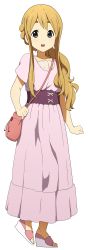 1girl absurdres black_eyes collarbone dress female_focus full_body highres k-on! kicchi_(tmgk) kotobuki_tsumugi light_brown_hair long_dress long_hair looking_at_viewer open_mouth pink_dress sandals short_sleeves simple_background solo standing very_long_hair white_background