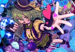 1girl absurdres adapted_costume black_hat black_shoes blue_flower blue_rose breasts cleavage cleavage_cutout clothing_cutout collar flower frilled_skirt frills green_eyes green_hair green_skirt hat heart heart-shaped_pupils heart_cutout highres komeiji_koishi medium_hair microphone music open_mouth puffy_short_sleeves puffy_sleeves purple_collar reaching reaching_towards_viewer ribbon rose shirt shoes short_sleeves singing skirt smile solo stage symbol-shaped_pupils touhou tuck_(tuck23978434) yellow_ribbon yellow_shirt