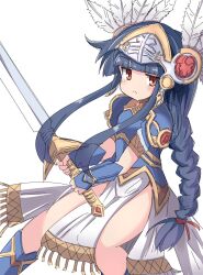 1girl :&lt; armor blue_armor blue_boots blue_hair blush boots braid commentary_request dot_nose flat_chest helmet highres holding holding_weapon idolmaster idolmaster_cinderella_girls jitome legs long_hair looking_at_viewer pelvic_curtain red_eyes sajo_yukimi shoulder_armor sidelocks solo sword thighs umberblack v-shaped_eyebrows warrior weapon white_background winged_helmet