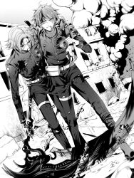 2boys aotsuki_eito arm_around_shoulder armband belt belt_pouch blood blood_from_mouth blood_on_clothes blood_on_face blood_on_hands bloody_weapon boots building clenched_teeth debris full_body glasses greyscale highres holding holding_scythe hole_in_chest hole_on_body jacket knee_boots last_defense_academy_school_uniform male_focus mizunana_(mizuasagi) monochrome multicolored_hair multiple_boys outdoors pants pouch school_uniform scythe short_hair smoke streaked_hair sumino_takumi teeth the_hundred_line_-last_defense_academy- thigh_strap weapon