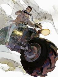 1boy black_hair bracelet collarbone final_fantasy final_fantasy_xiv from_below full_body hawaiian_shirt highres hyur jewelry looking_to_the_side male_focus motor_vehicle motorcycle necklace on_motorcycle pants pink_shirt riding shirt short_hair signature sitting smile solo twitter_username warrior_of_light_(ff14) wheel white_background white_pants yellow_eyes zerou_pan