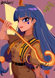 1girl belt black_belt blue_eyes blue_hair blunt_bangs breasts brodall_pixel brown_shirt brown_shorts commentary_request earrings facial_mark from_side gold gold_buckle gold_hairband gold_headdress gold_headwear hairband highres holding holding_scepter jewelry key_earrings long_hair looking_at_viewer michigami_nareko open_mouth scepter shirt short_sleeves shorts small_breasts solo sphere_hair_ornament tan touhou triangle triangle_facial_mark usekh_collar very_long_hair