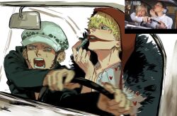 2boys applying_makeup black_coat black_eyes black_hair blonde_hair blurry blurry_foreground car_interior coat collared_shirt cosmetics donquixote_rocinante driving earrings facial_hair goatee hat heart heart_print holding holding_lipstick_tube jewelry lipstick_tube male_focus multiple_boys neo_fuminsyou one_piece open_mouth photo_inset scared shirt short_hair sideburns small_sweatdrop teeth trafalgar_law white_hat white_shirt