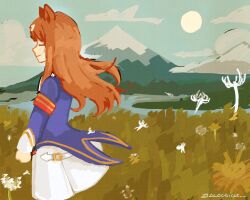 1girl animal_ears armband blue_jacket blush bow brown_hair closed_eyes closed_mouth cloud dandelion dress field flower galacticus grass_wonder_(umamusume) horse_ears horse_girl jacket long_hair long_sleeves mountain multicolored_hair outdoors red_armband river sailor_collar sky smile solo umamusume water white_dress