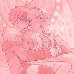 Rule 34 | 1boy, 1girl, ahoge, blush, braid, collared shirt, hairband, hand on another&#039;s arm, hetero, highres, hug, hug from behind, jacket, jacket over hoodie, jacket partially removed, kirifuji nozomi, long hair, looking at another, monochrome, multicolored hair, multicolored jacket, nose blush, on bed, pink theme, shirt, short hair, sitting, streaked hair, sumino takumi, sweat, swtr hndr, the hundred line -last defense academy-, two-tone jacket