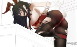 1girl absurdres ahoge animal_ear_hairband animal_ears artist_name azur_lane black_hair bow bowtie breasts collar detached_collar fake_animal_ears feet hairband highres large_breasts leotard long_hair maltida pantyhose playboy_bunny rabbit_ear_hairband rabbit_ears rabbit_tail red_bow red_bowtie red_eyes red_leotard sideboob solo strapless strapless_leotard taihou_(azur_lane) taihou_(fun_on_the_baize)_(azur_lane) tail thigh_strap thighband_pantyhose tongue torn_clothes torn_pantyhose white_collar white_wrist_cuffs wrist_cuffs