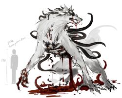Rule 34 | 1other, artist self-insert, bleeding, blood, blood drip, blood on ground, blood on hands, bloody tears, claws, creature, exposed gusset, gouged eye, highres, leech, looking back, open mouth, original, pool of blood, rearing, sharp teeth, simple background, size comparison, stitches, teeth, tentacles, white background, wolf, yoimon