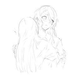 ... 2girls bang_dream! blush closed_mouth commentary drunk ear_blush greyscale hair_between_eyes highres hikawa_sayo hug kanade_(kanade_3344) long_hair long_hair_between_eyes monochrome multiple_girls shirokane_rinko simple_background spoken_ellipsis surprised sweatdrop white_background yuri