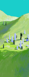 2boys black_jacket blue_shirt clear_sky full_body giorno_giovanna graveyard guido_mista highres hill jacket jojo_no_kimyou_na_bouken kou_zhua male_focus multiple_boys outdoors scenery shirt sky standing tombstone vento_aureo wide_shot