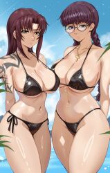 Rule 34 | 2girls, absurdres, arm tattoo, arms behind back, bikini, black bikini, black lagoon, blue sky, braid, breasts, brown eyes, brown hair, cleavage, cloud, cross, cross necklace, day, glasses, hair down, harutoyumaarts, highres, jewelry, large breasts, long hair, looking at viewer, multiple girls, navel, necklace, ocean, outdoors, purple hair, revy (black lagoon), roberta (black lagoon), round eyewear, shoulder tattoo, sidelocks, sky, stomach, swimsuit, tattoo, twin braids, water