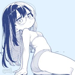 1girl arm_support arms_behind_back ass bikini blue_background blush breasts expressionless genroku glasses highres kneepits leaning_back long_hair looking_at_viewer monochrome original sitting small_breasts solo swimsuit thighs