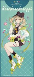 1girl 2023 absurdres akakura arm_support arm_up artist_name bare_shoulders black_hat black_shorts black_socks blonde_hair boots candy character_name closed_mouth color_guide commentary_request copyright_name copyright_notice crop_top food frog full_body green_boots green_eyes green_nails hasunoue_keroppi hat highres jacket kero_kero_keroppi lollipop long_sleeves looking_at_viewer medium_hair official_art one_eye_closed open_clothes open_jacket red_nails sanrio see-through_clothes see-through_jacket shorts sidelocks skates smile socks solo stuffed_toy thigh_strap thighs twintails wheel white_boots