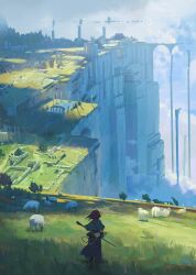1girl absurdres arch bag black_bag blue_capelet blue_dress blue_sky brown_hair capelet cliff cloud commentary day dress english_commentary floating_hair forest from_behind full_body grass highres holding holding_behind_back holding_staff jef_wu long_dress long_sleeves nature original outdoors pillar pool ruins shade sheep short_hair shoulder_bag sky solo staff tree walking wide_shot wind