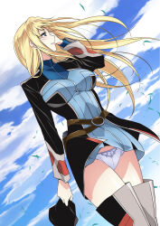 1girl belt blonde_hair blue_eyes blue_sky boots breasts choppy_bangs cloud cloudy_sky collared_dress cowboy_shot dress floating_hair gloria_louise hair_down hand_on_own_face highres holster jinrouki_winvurga large_breasts long_hair long_sleeves military_uniform multicolored_dress outdoors panties panties_day pantyshot pink_lips profile short_dress sidelocks sky standing thigh_boots tsunashima_shirou underwear wind wind_lift
