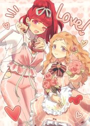 Rule 34 | 2girls, absurdres, babykatafan, blunt bangs, brown hair, dress, earrings, eyelashes, gnosia, hair between eyes, heart, heart earrings, high ponytail, highres, jewelry, kukrushka (gnosia), long hair, long sleeves, looking at viewer, multiple girls, nail polish, ponytail, red hair, short hair, sq (gnosia), upper body, wavy hair