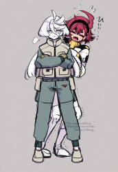 2girls artist_name black_hairband closed_eyes commentary_request crossed_arms flying_sweatdrops gloves green_gloves green_jacket green_pants grey_background gundam gundam_suisei_no_majo hairband highres izumiya_otoha jacket long_hair miorine_rembran multiple_girls open_mouth pants ponytail puff_of_air red_hair simple_background spacesuit suletta_mercury tears thick_eyebrows trembling twitter_username watermark white_eyes white_hair