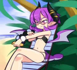 1girl 2025 20s applying_sunscreen beach beach_chair bikini black_bikini bush chair cloud crossed_legs demon_girl demon_horns demon_tail demon_wings disgaea drantyno flat_chest glasses holding horns loli lotion navel ocean palm_tree purple_eyes purple_hair raspberyl sand scrunchie short_hair side-tie_bikini_bottom sitting sky smile sunscreen swimsuit tail tree water wings wrist_scrunchie