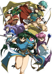 3girls 6+boys armor blue_dress blue_hair bow brown_hair cape dorcas_(fire_emblem) dress fire_emblem fire_emblem:_the_blazing_blade florina_(fire_emblem) green_hair highres kent_(fire_emblem) lance lyn_(fire_emblem) matthew_(fire_emblem) multiple_boys multiple_girls nils_(fire_emblem) nintendo pink_hair polearm ponytail purple_hair sain_(fire_emblem) serra_(fire_emblem) shino_(2919) staff sword thighs twintails weapon wil_(fire_emblem)