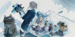 Rule 34 | 1boy, 37 (reverse:1999), 5girls, absurdres, ancient greek clothes, animal ear headwear, apple, apple (reverse:1999), bird, black boots, black bow, black bowtie, black coat, black hat, black umbrella, blonde hair, blue dress, blue eyes, blue hair, boater hat, boots, bow, bowtie, brown hair, brown hat, chess piece, coat, digital media player, dress, duck, earphones, fake animal ears, ferrofluid, fishbowl helmet, food, fruit, goggles, goggles on headwear, greco-roman clothes, green dress, green hat, grey background, grey eyes, hair bun, hand up, hat, highres, holding, holding unworn clothes, holding unworn hat, jacket, lilya (reverse:1999), long dress, long hair, looking at object, looking at viewer, mimaki pv, multiple girls, newsboy cap, object head, profile, red jacket, red socks, regulus (reverse:1999), reverse:1999, schneider (reverse:1999), short dress, short hair, single side bun, sitting, skyline, socks, sonetto (reverse:1999), sotheby, sunglasses, traditional bowtie, ulrich (reverse:1999), umbrella, unworn hat, unworn headwear, vertin (reverse:1999), very long hair, white bird