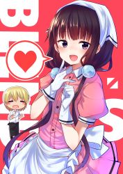 1boy 1girl :d apron black_apron blend_s blonde_hair blunt_bangs blush chibi closed_eyes collared_shirt commentary_request copyright_name dino_(blend_s) dress_shirt frilled_apron frills gloves hair_ornament headscarf heart highres keshiks_(keshiksext) long_hair looking_at_viewer low_twintails open_mouth pink_shirt pink_skirt pleated_skirt puffy_short_sleeves puffy_sleeves purple_eyes purple_hair red_background sakuranomiya_maika shirt short_sleeves skirt smile spoken_heart standing twintails uniform very_long_hair waist_apron waitress white_apron white_gloves white_headscarf white_shirt