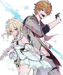 1boy 1girl abs absurdres black_gloves blood blood_on_clothes blood_on_face blue_eyes breasts detached_sleeves dress flower genshin_impact gloves grey_jacket hair_between_eyes hair_flower hair_ornament highres holding holding_sword holding_weapon jacket looking_at_viewer lumine_(genshin_impact) mask mask_on_head medium_breasts naya_nya23 open_mouth orange_hair pants partially_fingerless_gloves pink_blood puffy_short_sleeves puffy_sleeves red_scarf scarf short_sleeves simple_background sword tartaglia_(genshin_impact) weapon white_dress white_flower