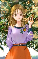 1girl belt brown_eyes brown_hair collarbone flower hand_up highres long_hair long_sleeves looking_at_viewer orange_flower orange_skirt original parted_lips plant purple_shirt shirt skirt solo standing tiv