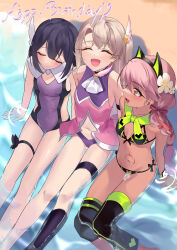 3girls absurdres akaneko016 animal_ears ascot bare_shoulders beach bikini black_bikini black_hair blush braid breasts capelet cat_ears chloe_von_einzbern chloe_von_einzbern_(swimsuit_avenger)_(second_ascension) dark-skinned_female dark_skin detached_leggings dress fake_animal_ears fate/grand_order fate/kaleid_liner_prisma_illya fate_(series) feather_hair_ornament feathers flat_chest flower green_bikini grey_hair hair_flower hair_ornament hair_ribbon hairband hairclip highres illyasviel_von_einzbern leotard loli long_hair low_twin_braids miyu_edelfelt miyu_edelfelt_(magical_girl) multicolored_bikini multiple_girls navel neck_ribbon one_side_up open_mouth orange_eyes pink_dress pink_hair prisma_illya prisma_illya_(zwei_form) purple_leotard ribbon shore sidelocks small_breasts smile stomach_tattoo swimsuit tattoo thighs twin_braids twintails two-tone_bikini two-tone_legwear white_capelet
