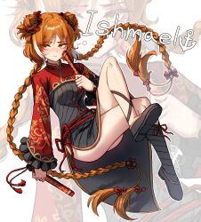 1girl 99dulgi absurdres black_dress black_shoes braid crossed_legs double_bun dress family_hierarch_candidate_(identity)_(project_moon) folding_fan frilled_sleeves frills full_body hair_bun hand_fan highres holding holding_fan ishmael_(project_moon) limbus_company long_hair orange_hair project_moon red_ribbon ribbon shoes simple_background solo twin_braids very_long_hair white_background zoom_layer