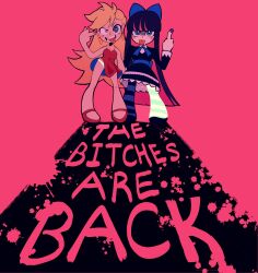 Rule 34 | 2girls, ahoge, black dress, blonde hair, blue bow, blue hair, bow, clem (calmeremerald), dress, gothic lolita, highres, lolita fashion, long hair, middle finger, multiple girls, nail polish, panty &amp; stocking with garterbelt, panty (psg), pink background, profanity, red dress, siblings, sisters, stocking (psg), striped clothes, striped thighhighs, thighhighs, tongue, tongue out