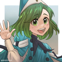 1girl coco_(tongari_boushi_no_atelier) green_eyes green_hair hat highres looking_at_viewer nemophila_(artist) open_mouth qifrey&#039;s_atelier_apprentice_uniform short_hair smile solo tongari_boushi_no_atelier upper_body witch