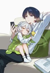 1boy 1girl alternate_costume aranara_(genshin_impact) arm_behind_head black_hair black_pants blunt_ends blush book casual cellphone choppy_bangs closed_eyes closed_mouth collared_shirt contemporary couch cross cross_print dress expressionless eyelashes frilled_socks frills genshin_impact green_dress hair_between_eyes hair_ornament half_crown_braid hand_up height_difference highres holding holding_phone leaf leaf_hair_ornament long_sleeves looking_at_phone lying_on_person nahida_(genshin_impact) on_couch open_book open_mouth pants phone pillow pointy_ears purple_eyes scaramouche_(genshin_impact) shirt sitting sitting_on_lap sitting_on_person sleeping sleeping_on_person socks split_mouth stuffed_toy three-quarter_sleeves tsurime unconscious white_background white_hair white_mouth white_shirt white_sleeves white_socks yurayura_(mdeh5447)