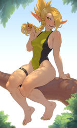 1girl barefoot blonde_hair braid breasts cheshirrr cleophee commentary english_commentary freckles green_eyes hair_over_one_eye highres legs medium_breasts open_mouth outdoors pointy_ears single_braid thigh_strap toes wakfu