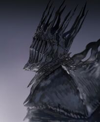 1boy armor covered_face elden_ring elden_ring_nightreign gradient_background grey_background helmet heolstor_the_nightlord highres male_focus pauldrons profile riio shoulder_armor solo spiked_helmet upper_body