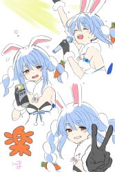 1girl :d ^_^ animal_ear_fluff animal_ears arm_up bare_shoulders black_leotard blue_hair blush braid brown_eyes can carrot_hair_ornament closed_eyes commentary_request detached_sleeves don-chan_(usada_pekora) dress food-themed_hair_ornament grin hair_between_eyes hair_ornament half-closed_eyes hand_up highres holding holding_can holding_microphone hololive kiritoma leotard long_hair looking_at_viewer microphone multicolored_hair multiple_views open_mouth outstretched_arm puffy_short_sleeves puffy_sleeves rabbit-shaped_pupils rabbit_ears short_eyebrows short_sleeves signature smile strapless strapless_dress strapless_leotard strong_zero symbol-shaped_pupils thick_eyebrows translation_request twin_braids twintails two-tone_hair usada_pekora usada_pekora_(1st_costume) v virtual_youtuber white_background white_dress white_hair white_sleeves