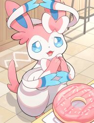 Rule 34 | absurdres, animal focus, begging, blue eyes, blue sclera, bow, colored sclera, donut, food, full body, gen 6 pokemon, highres, indoors, komanychi, looking at viewer, nintendo, no humans, open mouth, plate, pokemon, pokemon (creature), pokemon focus, ribbon, solo, sylveon, table, white fur