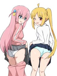Rule 34 | 2girls, ;d, ahoge, ass, blonde hair, blue panties, blush, bocchi the rock!, breasts, clothes lift, clothes pull, embarrassed, from behind, gotoh hitori, hair ornament, highres, ijichi nijika, jacket, kenpopor18, long hair, looking at viewer, medium breasts, multiple girls, one eye closed, open mouth, panties, pants, pink hair, pink jacket, pink pants, pulling own clothes, short hair with long locks, sidelocks, simple background, skirt, skirt lift, smile, thighs, underwear, white background, white panties