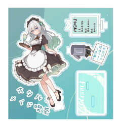 Rule 34 | 1girl, 1other, absurdres, ankle ribbon, apron, black cat, black dress, black shoes, blue pupils, blush, cat, closed mouth, dress, firefly (honkai: star rail), frilled dress, frills, gradient eyes, green ribbon, grey hair, hair between eyes, hair intakes, hair ornament, high heels, highres, holding, holding plate, honkai: star rail, honkai (series), leg ribbon, long hair, maid apron, maid headdress, multicolored eyes, plate, ribbon, shoes, smile, tabitsuki, trash can, white apron