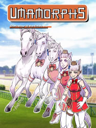 1girl animal_ears animorphs armband artist_name ashleyloob belt belt_pouch black_hat boots bow bowtie breasts brown_hat buttons double-breasted dress ear_covers full_body gloves gold_ship_(racehorse) gold_ship_(umamusume) grey_hair grin hat high_heel_boots high_heels horse horse_ears horse_girl horse_tail large_breasts lips long_hair looking_at_viewer pantyhose parody pillbox_hat pouch purple_eyes racetrack red_bow red_bowtie red_dress short_dress sleeveless sleeveless_dress smile standing straight_hair tachi-e tail teeth tight_clothes title_parody transformation umamusume v-shaped_eyebrows white_boots white_gloves white_hair