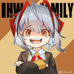 Rule 34 | 1girl, anya (spy x family), anya (spy x family) (cosplay), arknights, artist name, chinese commentary, cogimo, commentary request, cosplay, crossed arms, english text, fang, furrowed brow, laughing, open mouth, school uniform, smile, spy x family, upper body, w (arknights), watermark, weibo username, weibo watermark, white hair