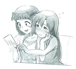2girls amami_haruka behind_another bow greyscale hair_bow hand_on_another&#039;s_face holding idolmaster idolmaster_(classic) kisaragi_chihaya long_hair looking_at_object monochrome multiple_girls shirt short_hair simple_background sitting sleeveless sleeveless_shirt smile tsubobot upper_body white_background yuri