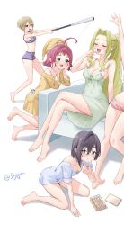 Rule 34 | 5girls, :t, artist name, babydoll, baseball bat, blonde hair, blue eyes, blue shirt, brown hair, bygin, closed eyes, eating, green babydoll, green nightgown, haraga kurumi, highres, holding, holding baseball bat, kimi no koto ga dai dai dai dai daisuki na 100-nin no kanojo, metal baseball bat, multiple girls, navel, open mouth, pout, purple eyes, purple hair, purple shorts, purple sports bra, shirt, short sleeves, shorts, sitting, sports bra, standing, stomach, sutou iku, tongue, utsukushisugi mimimi, watermark, yakuzen kusuri, yawning