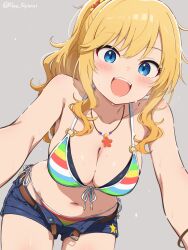 1girl absurdres bikini bikini_under_shorts blonde_hair blue_eyes blush breasts collarbone commentary denim denim_shorts front-tie_bikini_top front-tie_top gyorui_(katsuwo_drawing) highres idolmaster idolmaster_cinderella_girls jewelry looking_at_viewer medium_breasts multicolored_bikini navel necklace ohtsuki_yui ponytail short_shorts shorts side-tie_bikini_bottom simple_background smile solo stomach string_bikini sweat swimsuit thighs twitter_username