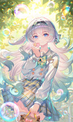 1girl absurdres black_hairband bow bowtie firefly_(honkai:_star_rail) firefly_(spring_missive)_(honkai:_star_rail) gradient_hair green_bow green_bowtie grey_hair grey_sailor_collar hair_between_eyes hairband highres honkai:_star_rail honkai_(series) long_hair multicolored_hair sailor_collar school_uniform shirt skirt solo viclim-monou white_shirt