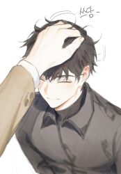 1boy absurdres ambiguous_gender black_hair black_shirt choi_han closed_eyes closed_mouth collared_shirt hand_on_another&#039;s_head headpat highres korean_text light_blush long_sleeves lout_of_count&#039;s_family male_focus monchya_33 out_of_frame shirt short_hair simple_background smile solo_focus upper_body white_background