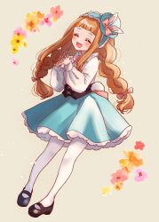 1girl ^_^ animal_ears black_shoes blue_hairband blue_hat blue_skirt blush bow braid brown_hair closed_eyes commentary_request facing_viewer fake_animal_ears fake_tail floral_background full_body grey_background hairband hat hat_bow highres ichihara_nina idolmaster idolmaster_cinderella_girls idolmaster_cinderella_girls_starlight_stage long_hair long_sleeves low_twintails mary_janes pantyhose petticoat pink_bow pleated_skirt puffy_long_sleeves puffy_sleeves rabbit_ears rabbit_tail rino_cnc shirt shoes simple_background skirt sleeves_past_wrists solo steepled_fingers tail tilted_headwear twin_braids twintails very_long_hair white_pantyhose white_shirt