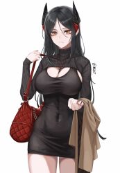 1girl absurdres arknights bag black_dress black_hair black_horns breasts cleavage closed_mouth commentary covered_navel cowboy_shot dress hair_between_eyes highres horns ines_(arknights) jewelry large_breasts long_hair long_sleeves looking_at_viewer mildt mole mole_under_eye necklace red_bag shoulder_bag sidelocks simple_background solo star_(symbol) sweater turtleneck turtleneck_sweater twitter_username white_background yellow_eyes