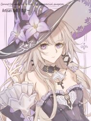 1girl absurdres ascot black_choker black_dress black_hat chinese_commentary choker commentary_request detached_sleeves dress flower grey_hair hat hat_flower herta_(honkai:_star_rail) highres honkai:_star_rail honkai_(series) jewelry key key_necklace long_hair long_sleeves looking_at_viewer nail_polish necklace purple_eyes purple_flower purple_nails solo strapless strapless_dress the_herta_(honkai:_star_rail) upper_body very_long_hair white_ascot witch_hat yuansuiyi