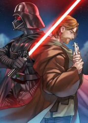 2boys armor back-to-back black_cape blue_eyes brown_hair brown_robe cape closed_mouth commission darth_vader energy_sword fingernails helmet highres holding holding_weapon lightsaber male_focus mole mole_on_cheek multiple_boys obi-wan_kenobi pensan robe sad short_hair star_wars star_wars:_revenge_of_the_sith sword weapon